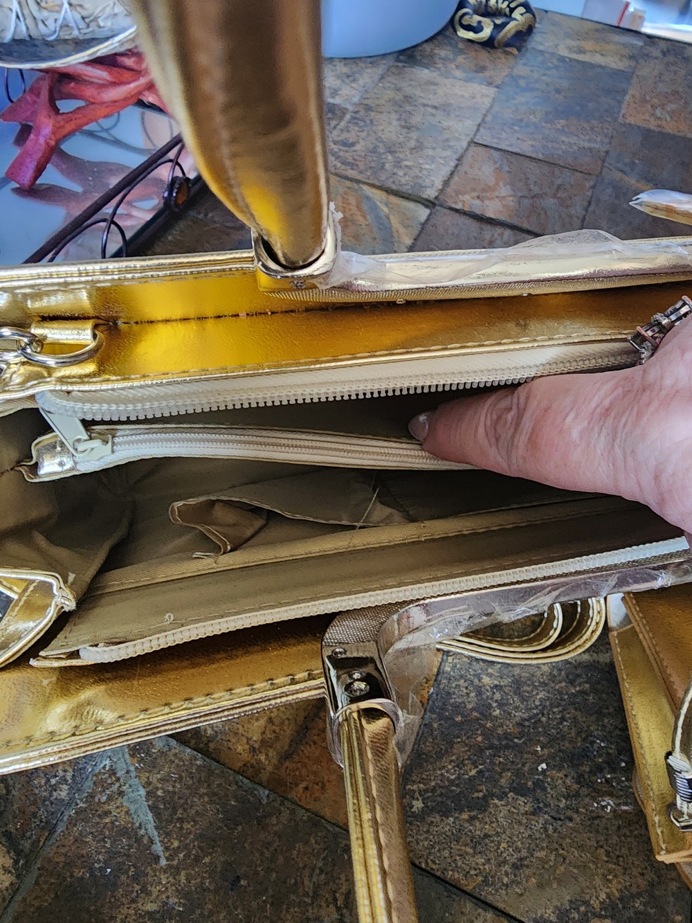 3 Pc Gold Metallic Structured Satchel Handbag with Matching Wallet - Picture 10 of 14